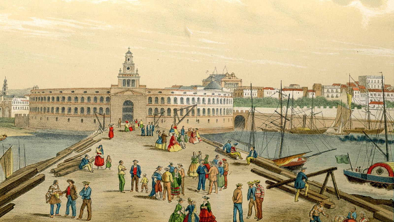 A 19th-century view of the Buenos Aires customs house on the riverfront